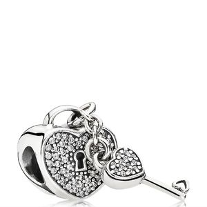 💯Authentic Pandora Retired Heart Lock Of Love Key Pave Charm Great Condit…